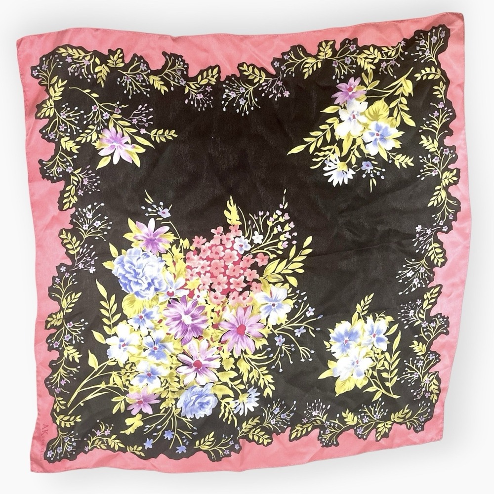 Vintage Anne Klein Scarf Bouquet Floral Silk 21" x‎ 21" Square Pink Black
